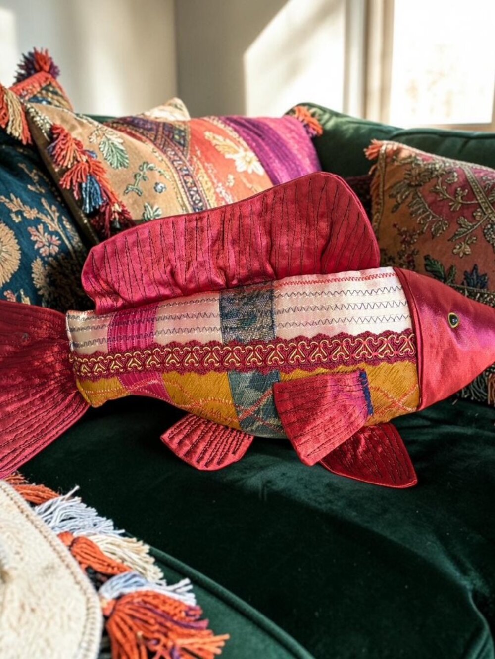 Handcrafted OOAK Brocade Patchwork Fish Koi Folk Art Boho Asian Pillow 12"